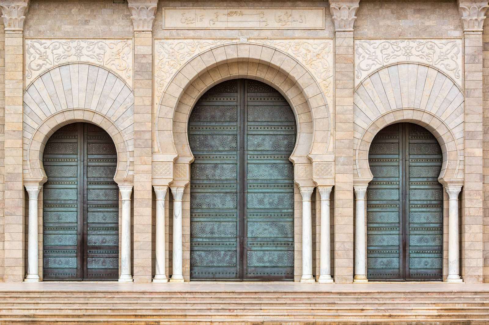 Three doors in the Malik Ibn Anas Mosque in Carthage, Tunisia